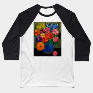 Some abstract vibrant colorful flowers in a glass vase with gold accent on base and top of vase Baseball T-Shirt